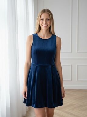 Velvet by Graham & Spencer Velvet Blue Mesh Flare Midi Knee Length Dress,Size‎ M